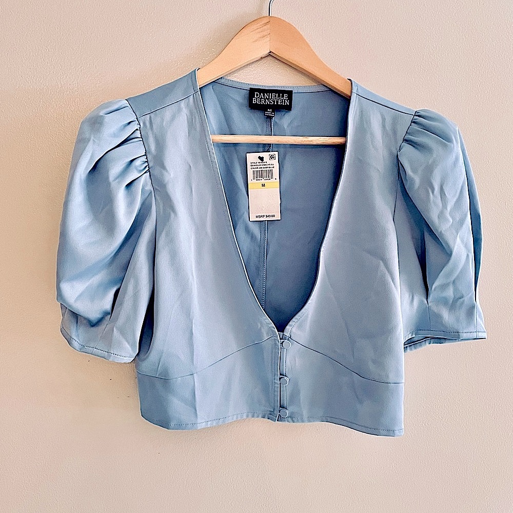 NWT baby blue satin crop top puff short sleeve sexy deepV Danielle Bernstein M